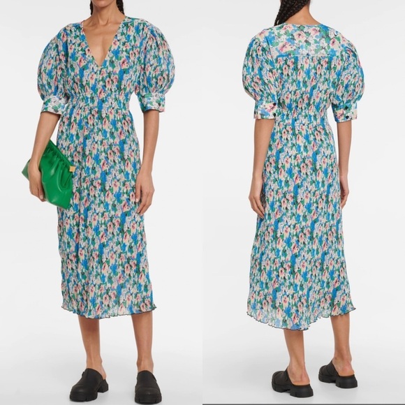 GANNI floral-print pleated Smocked Plissé Georgette midi dress - Picture 2 of 12